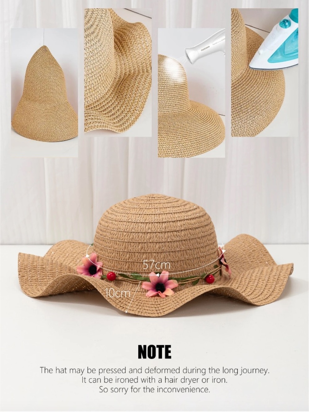 SHEIN Tan Straw Floppy Hat with Pink Floral & Red Bead Trim - Picture 4 of 5
